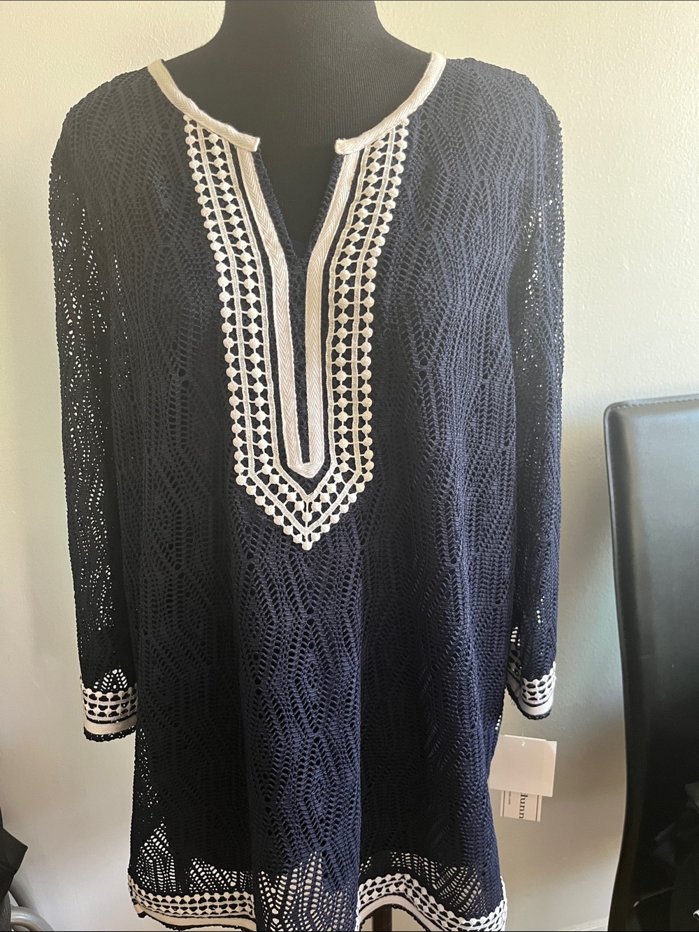 Navy Crochet Tunic Top with White Trim